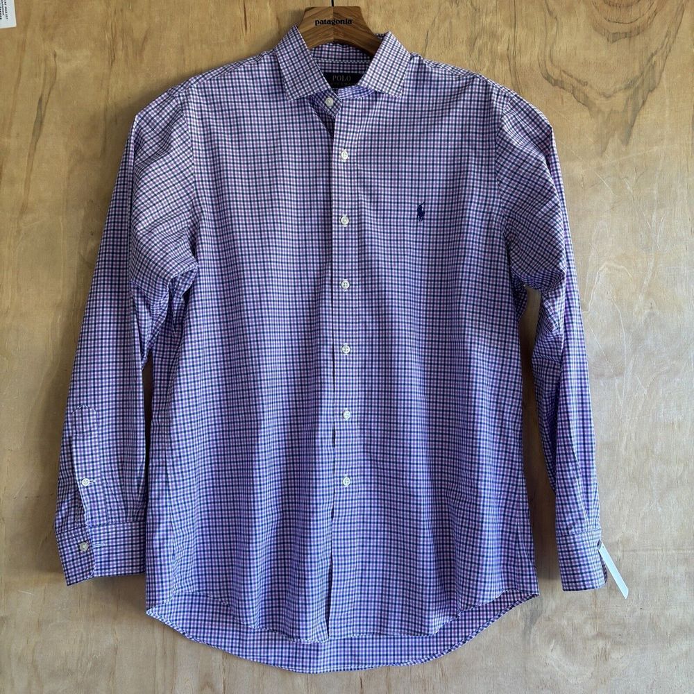 Polo Ralph Lauren Men's Long Sleeve Button Up Purple Blue White Gingam Blue Pony